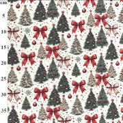 -Christmas Cotton -Trees and Bows on White, per metre